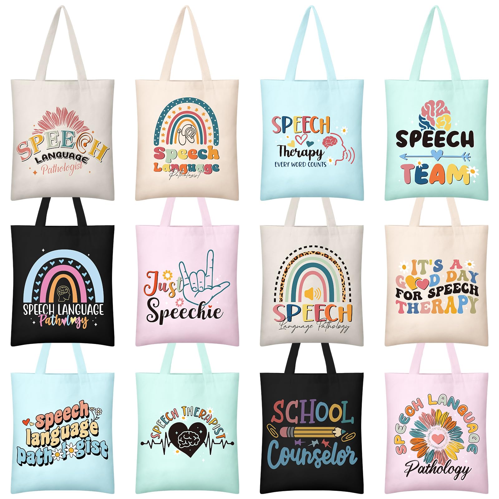 Photo 1 of ***MISSING 2 TOTES****SilTriangle 12 Pcs Speech Pathologist Gifts for Women Speech Language Therapy Gifts SLP Canvas Tote Bags Reusable Grocery Shopping Bag for Pathologist Therapist Coworkers Party Favors Supply