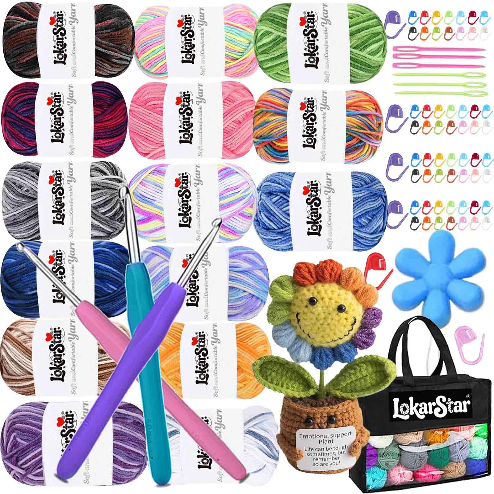 Crochet Yarn Double Knitting Wool (15X50g), Multicoloured Acrylic Yarn Crochet Wool with Aluminum Crochet Hooks Stitch Markers for DIY Amigurumi Craft Blankets Socks Dolls (Rainbow-750g)