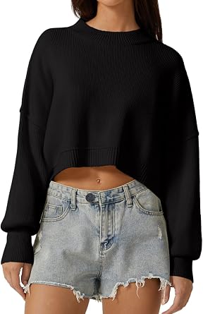 QINSEN Women's Mock Neck Cropped Sweater Long Sleeve Drop Shouler Oversized Knit Pullover Tops
