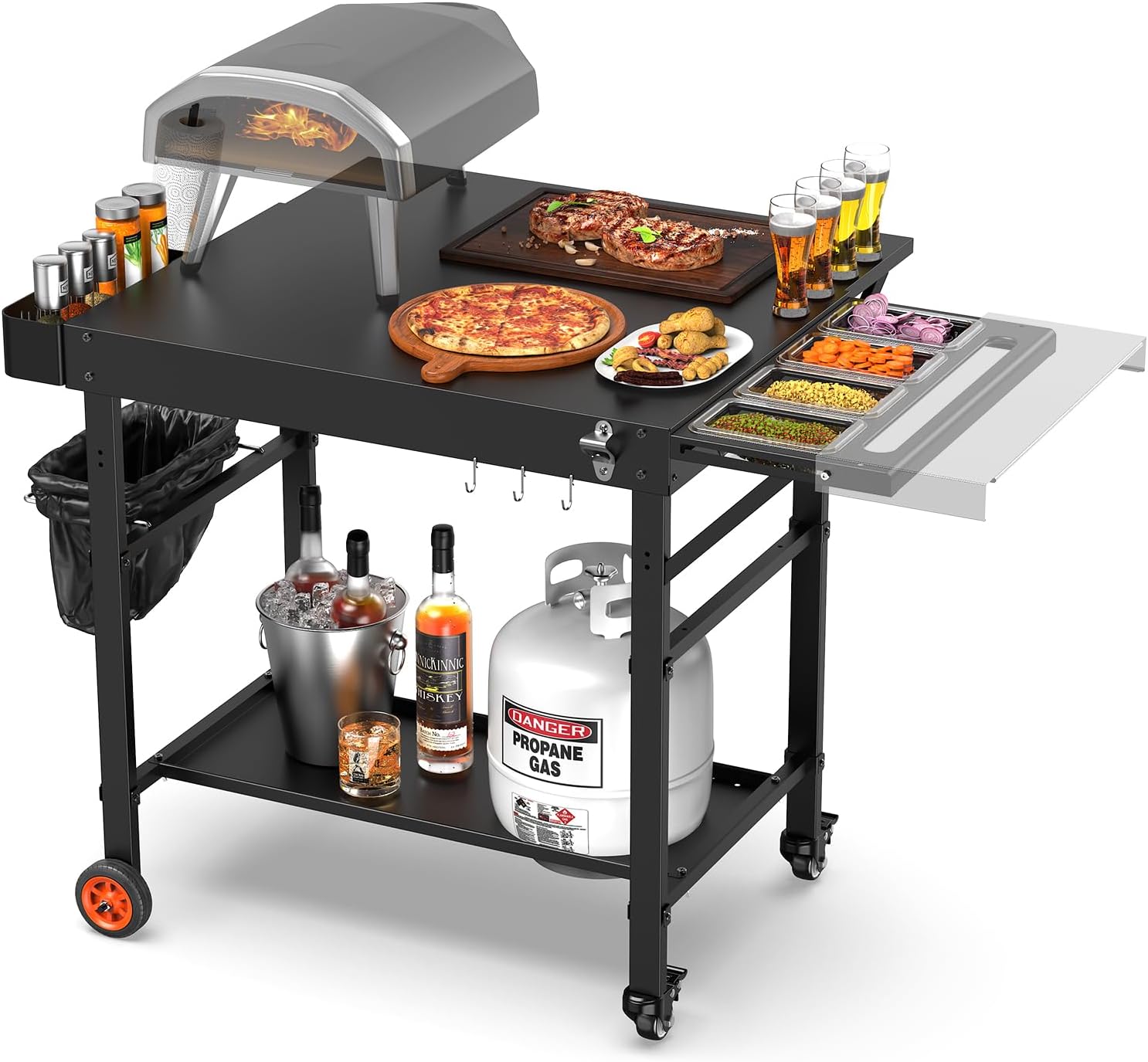 Grill Table for Pizza Ovens, Ninja Pizza Oven Table with Extendable Desk, Durable Outdoor Grill Cart Stand with Food Prep Topping Station for Patio, Backyard,43" L × 27" W