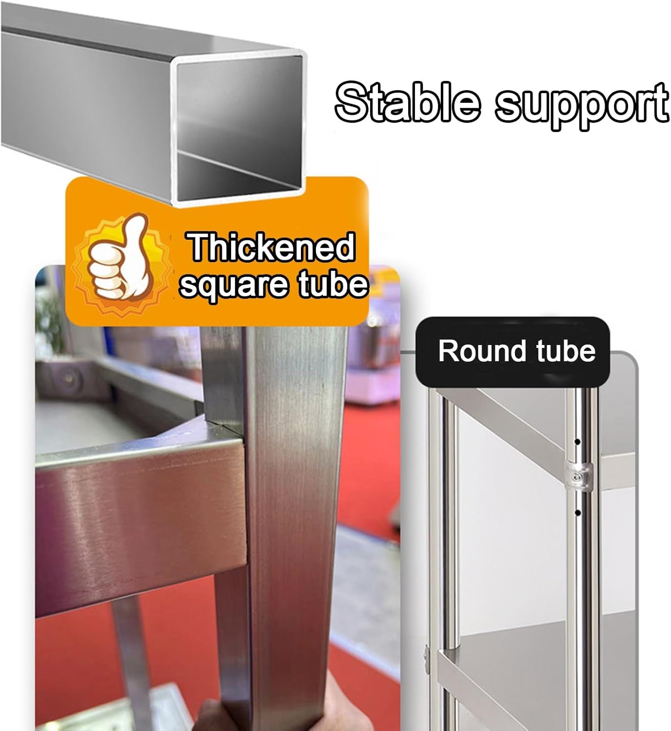 Three-Tier Stainless Steel Workbench with Adjustable Legs Commercial Kitchen Work Table Reinforced Cross-Beam Construction Triangular Joint Structure Thickened Square Tubing Suitable for Hotels