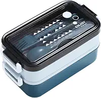 Marmita Térmica Japonesa com 2 Compartimentos, com Talheres de Plástico, Marmiteira com 2 Andares, Tampa com Suporte de Celular, Lancheira de Plástico (Azul)
