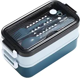 Marmita Térmica Japonesa com 2 Compartimentos, com Talheres de Plástico, Marmiteira com 2 Andares, Tampa com Suporte de Celular, Lancheira de Plástico (Azul)