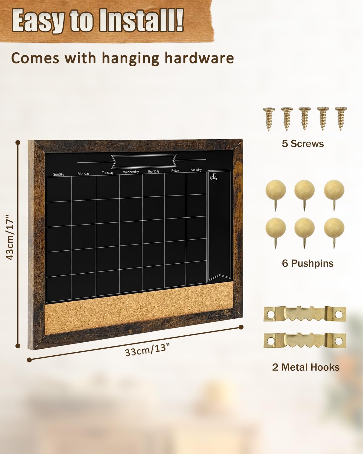 TORASO Magnetic Chalkboard Calendar Corkboard, Small Combination Chalk Board Bulletin Board, 13" x 17",Walnut Brown Framed Blackboard Calendar Cork Combo Board(ZHHB-BN-3343) image 2