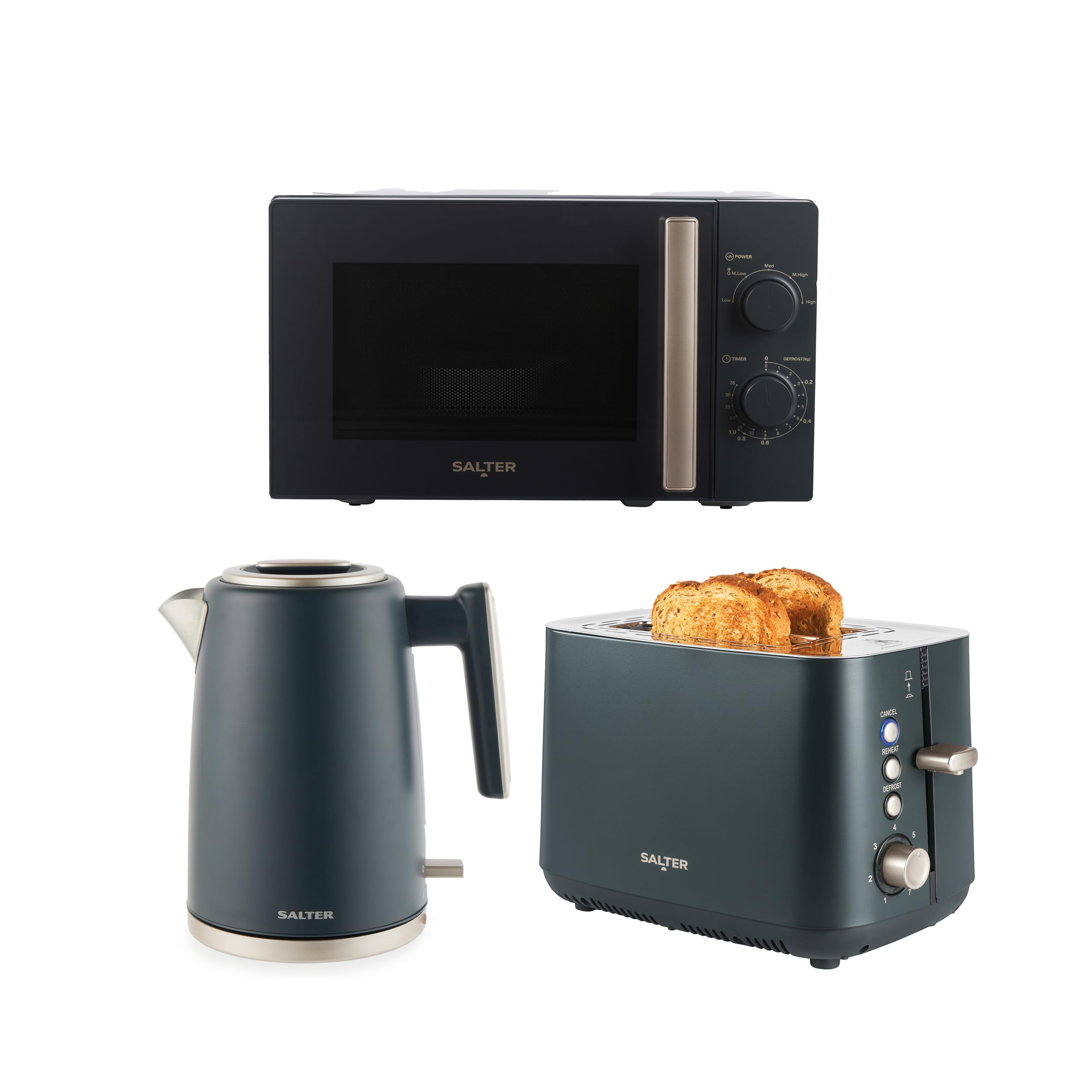 Salter Marino Kettle, Toaster & Microwave Set – 3KW Rapid Boil Cordless Kettle with Auto Shut-Off, 2-Slice Toaster with High-Lift Eject & Defrost/Reheat/Cancel, 20L 950W Microwave with 5 Power Levels — image 1