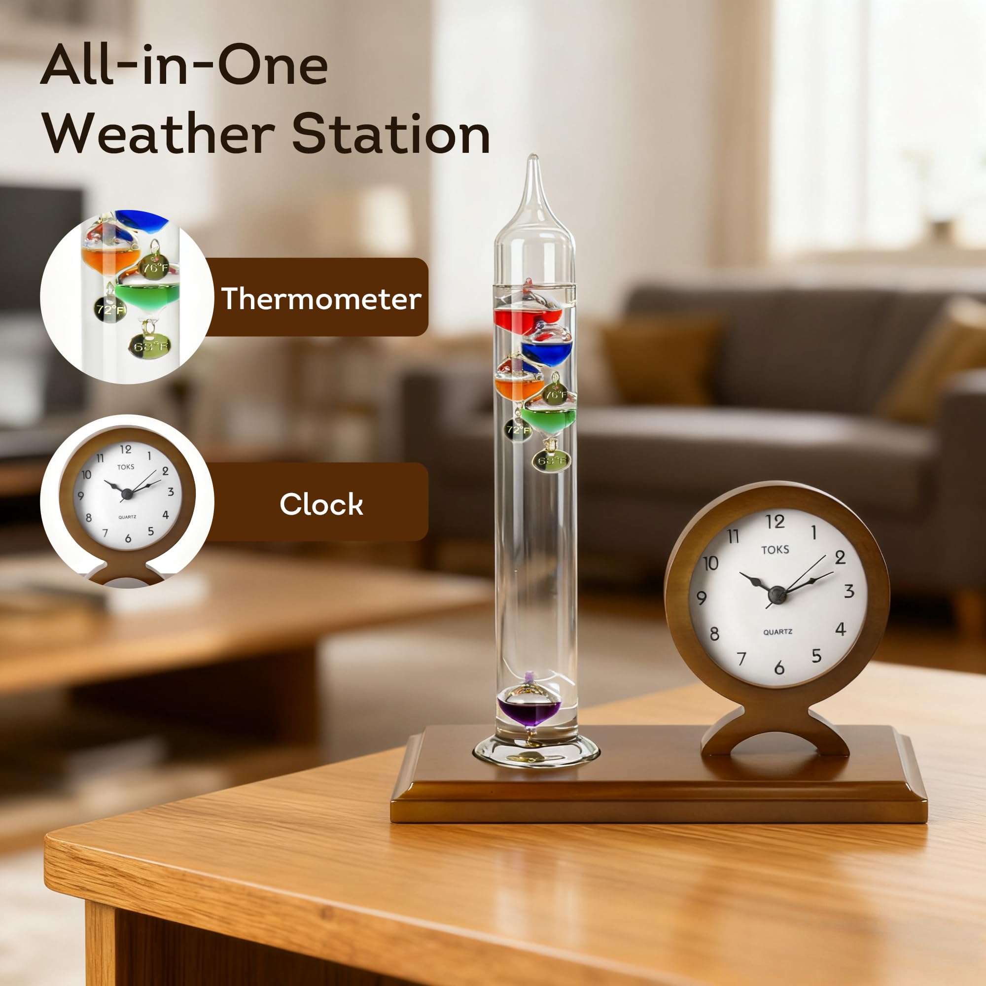 Lily's Home Galileo Termometro con Orologio - 5 Sfere - Gamma 64ºF-80ºF - Orologio con Movimento Silenzioso - Elegante Design 2 in 1 - Regalo Ideale per Arredamento Casa/Salotto - Termometro Galileo
