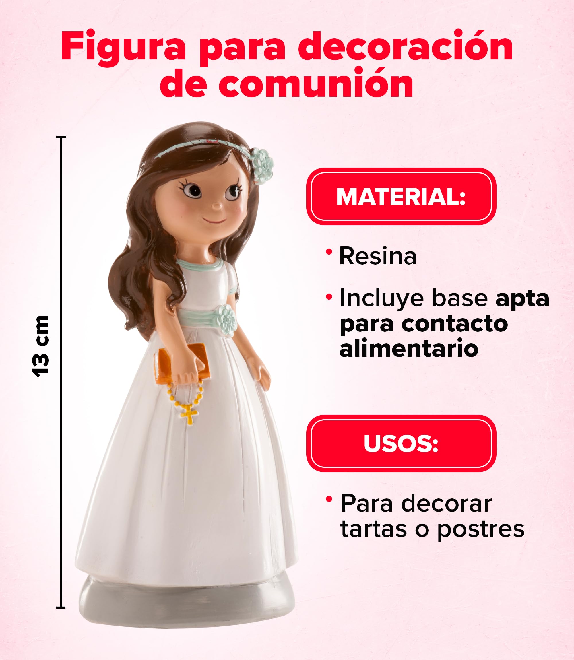 dekora - Figura Decorativa para Primera Comunión - Niña con Catecismo - Elaborada en Resina - Adorno para Tartas - 13 Centímetros de Alto - Diseño Original y Detallado - Apto para Contacto Alimentario - 4