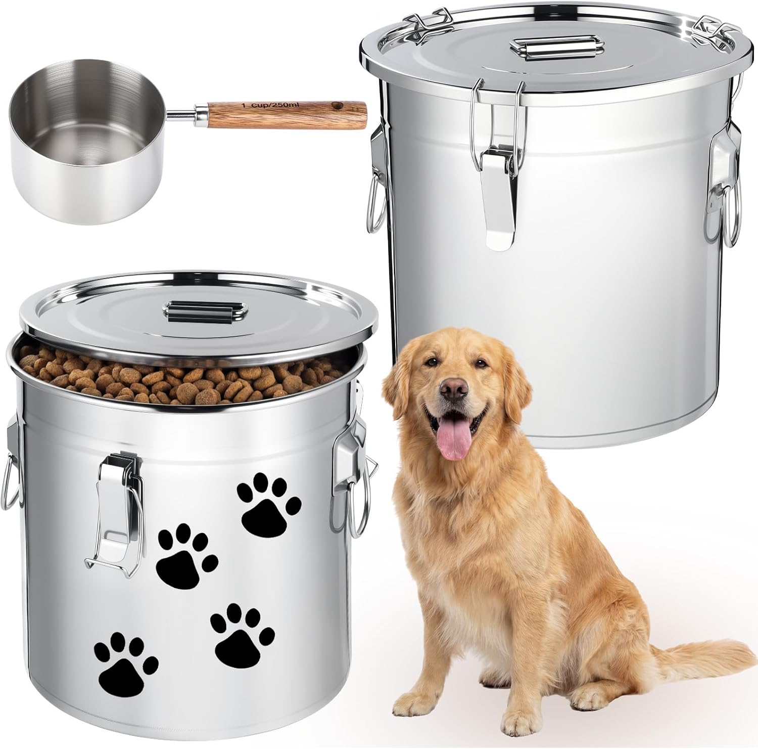 Lounsweer 2 Pack 7 Gal Stainless Steel Dog Food Storage Container with Lid and Locking Clamp 28 L Metal Airtight Container Large Stainless Steel Bucket with Food Scoop for Pet Feed