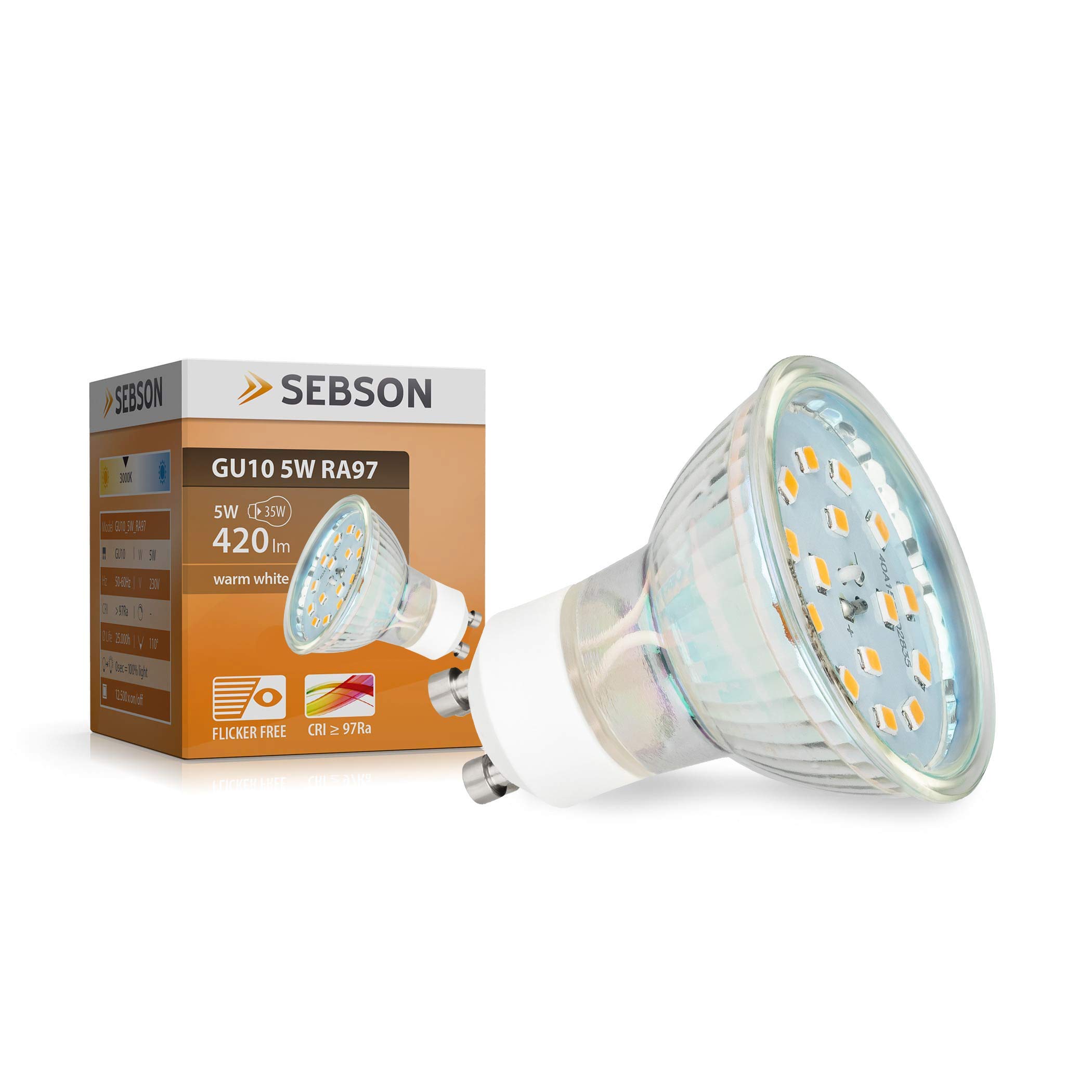 SEBSON Żarówka GU10 LED 5W - 10 Sztuk - Ciepłe białe światło 3000K 420lm Ra97 230V - Lampa wpuszczana niemigoczący