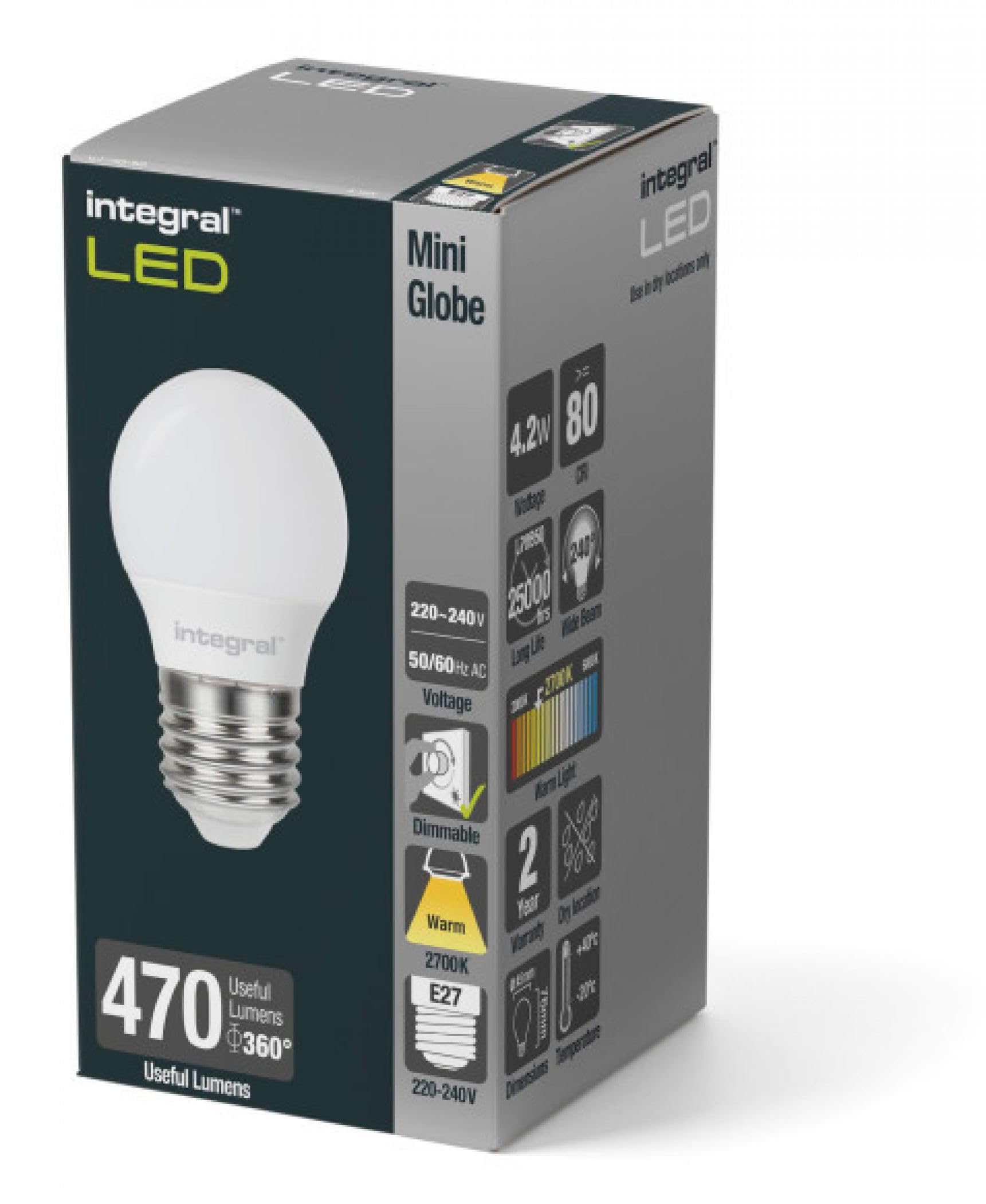 Integral LED Golf Ball E27 470LM 6.3W EQ. to 40W 2700K DIMMABLE 80CRI 260° Frosted - Image 2