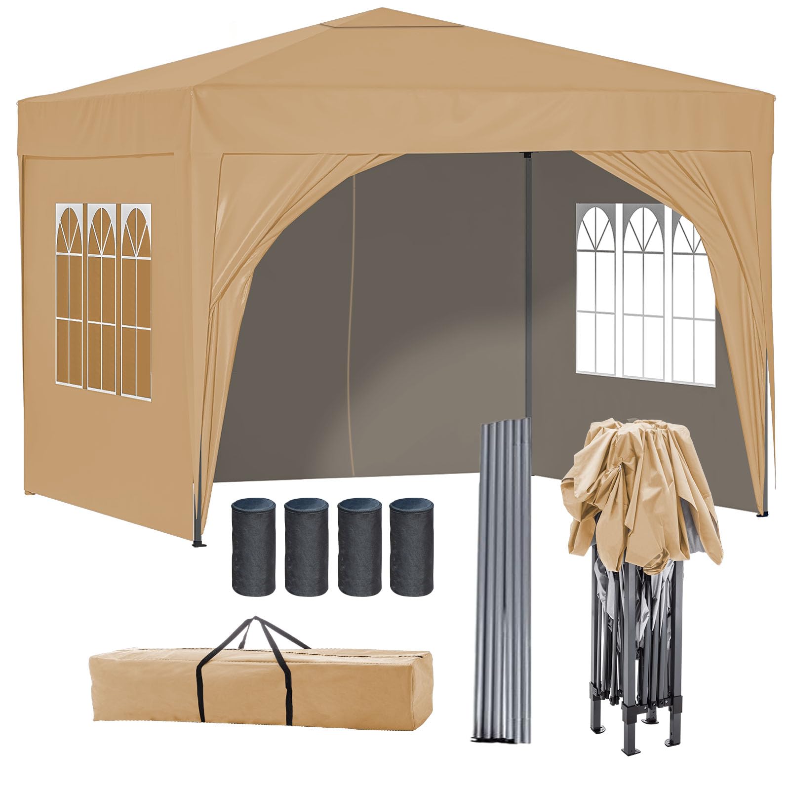 BIRCHTREE Pop Up Gazebo with Sides, 3m x 3m Waterproof with 2 Free Weather Support Beams 4 Gazebo Weight Bags. Garden Canopy Outdoor, Party Tent, 260g Polyester Powder Coated Steel Frame. BEIGE
