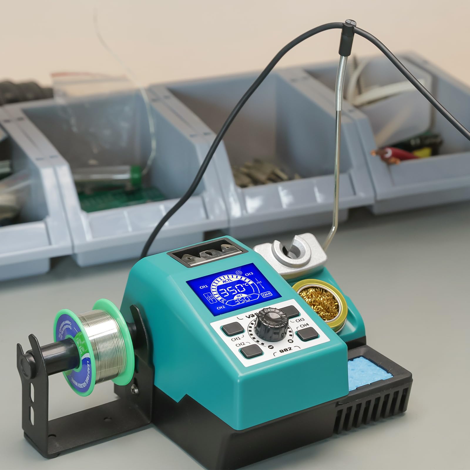 YIHUA 982 Präzisions Lötkolben Stations Kit mit digitalem LCD-Display, Typ-C210 Lötspitzenkartuschen, Lötdrahtspender und 4 Speicherkanälen, automatischer Abschaltung EU PLUG (Grün)