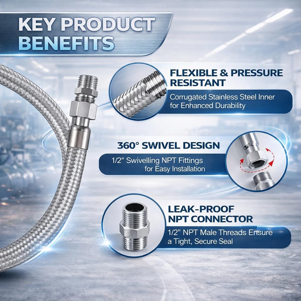 1/2" NPT Male (20" Length) Compressor Jumper Hose，450 PSI 750°F，Industrial Grade Flexible Stainless Steel with Dual Swivel Male Fittings Connectors for Air Compressor System