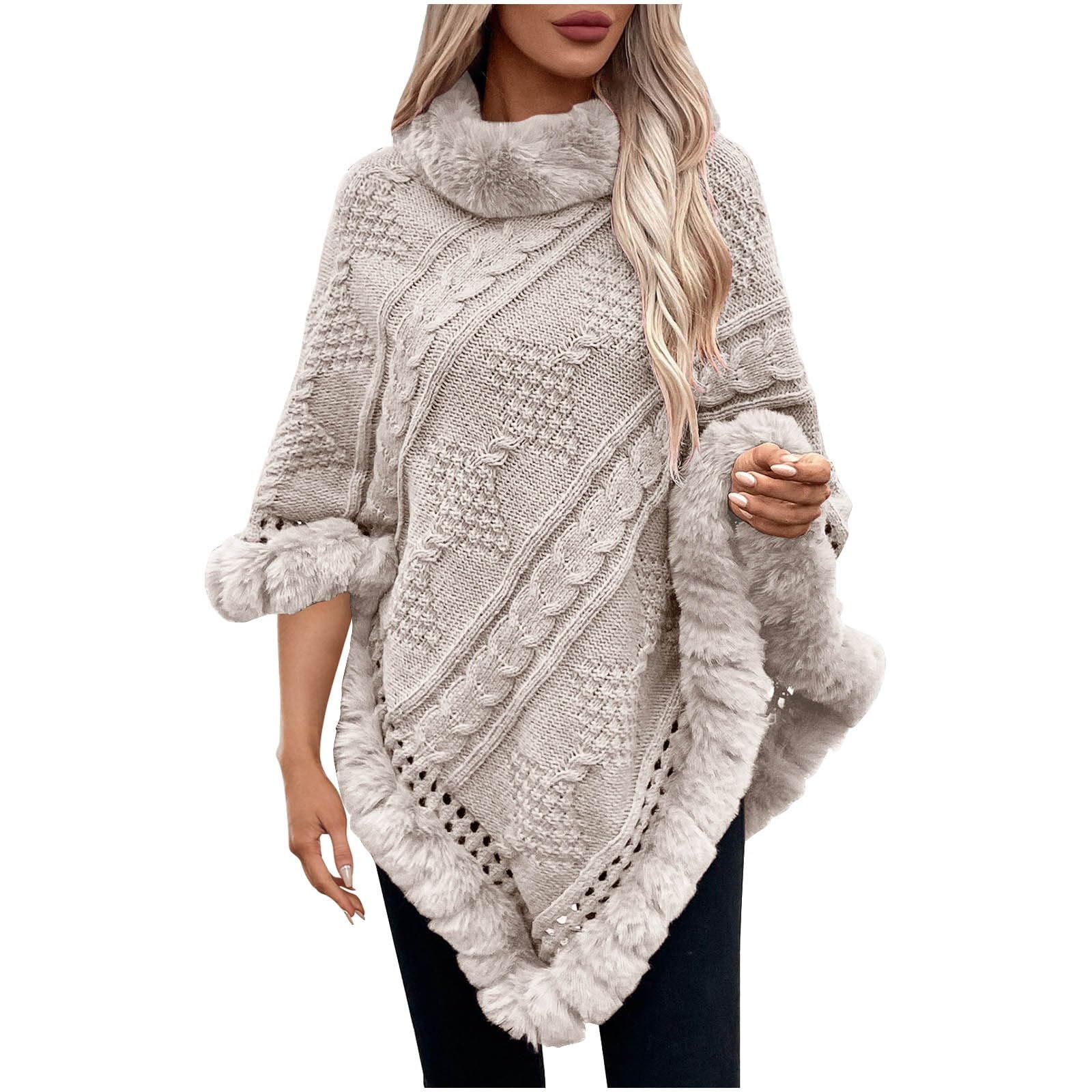Womens Cable Knit Chunky Turtleneck Cardigan Poncho Solid Pullover Shawl Cape Hollow Out Sweaters with Faux Fur Trim