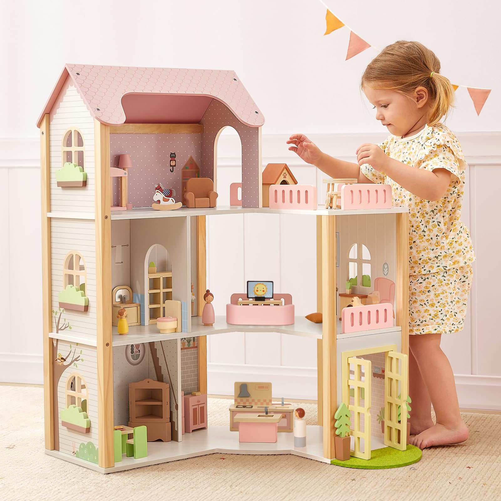 OOOK Puppenhaus Holz, Puppenhaus ab 3 Jahre Mädchen mit 60 Möbel Zubehör, 3-stöckiges Holzpuppenhaus Groß mit 4 Puppen und 2 Haustieren, Wooden Doll House for Girls | 4 Puppen und 2 Haustiere, großes 3-stöckiges Puppenhaus mit 6 Zimmern, Puppenhaus für Mä