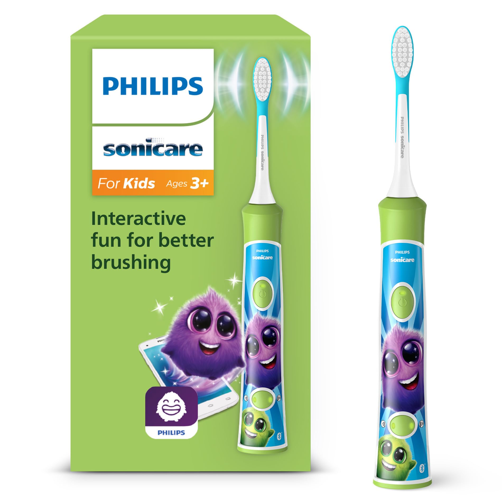 Philips Sonicare For Kids, cepillo de dientes eléctrico sónico con app, para niños de +3 años, con SmarTimer y QuadPacer para una limpieza completa, color verde, modelo HX6352/11
