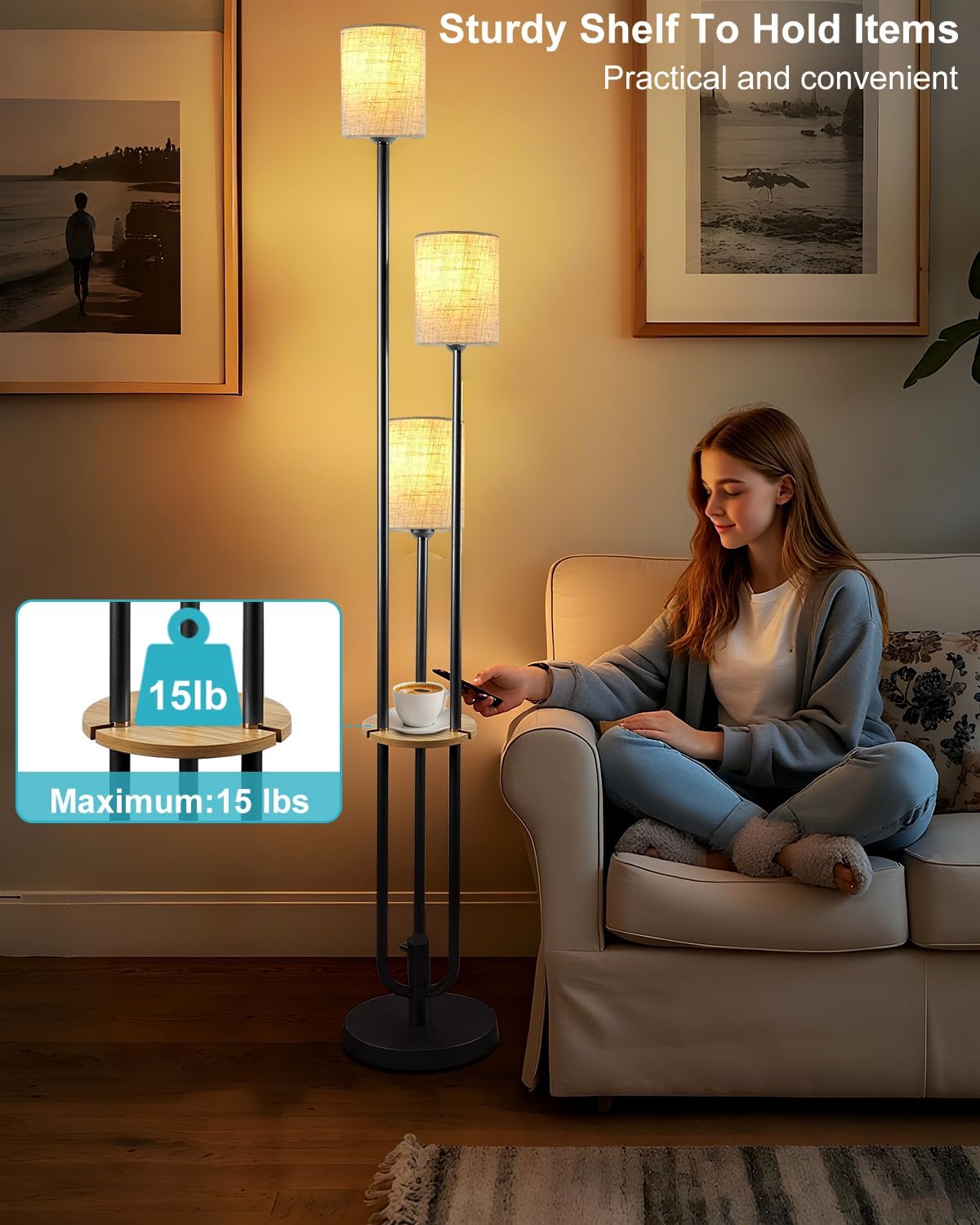 63IN Dimmable Floor Lamp with Shelf, Unique Black Tall Standing Lamps with Table, 3000K Warmwhite Mid Century Modern Floor Lamp for Living Room/Bedroom (Bulbs Included)