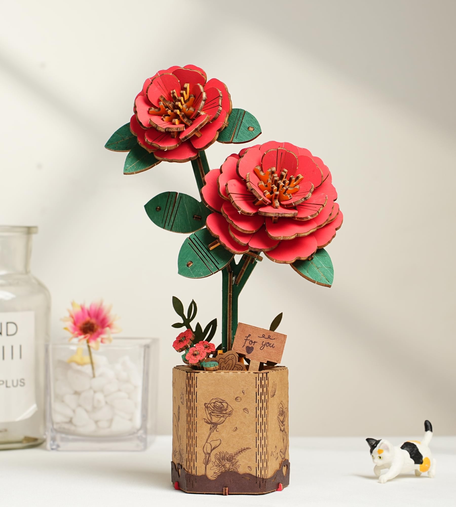 ROBOTIME 3D Wooden Flowers Puzzle Red Camellia, Artificial Bloom Jigsaw, Model Kits for Adults to Build DIY Craft Set