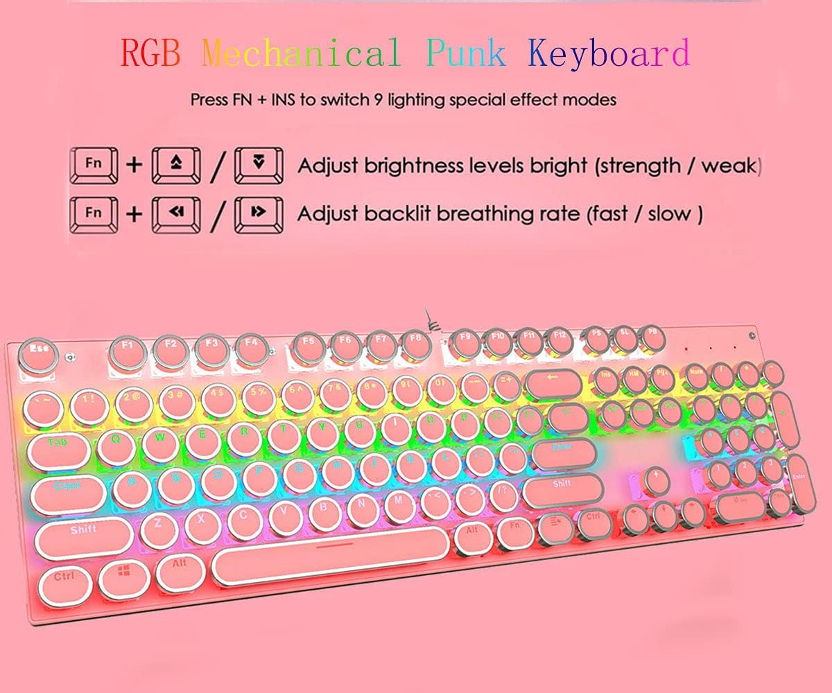 Gaming Keyboard,Pink Retro Punk Typewriter Style,Mechanical Keyboard 104 Keys Blue Switch with 9 True RGB Backlight Modes,Wired Cute Keyboard, Round Keycaps for Windows/Mac/PC