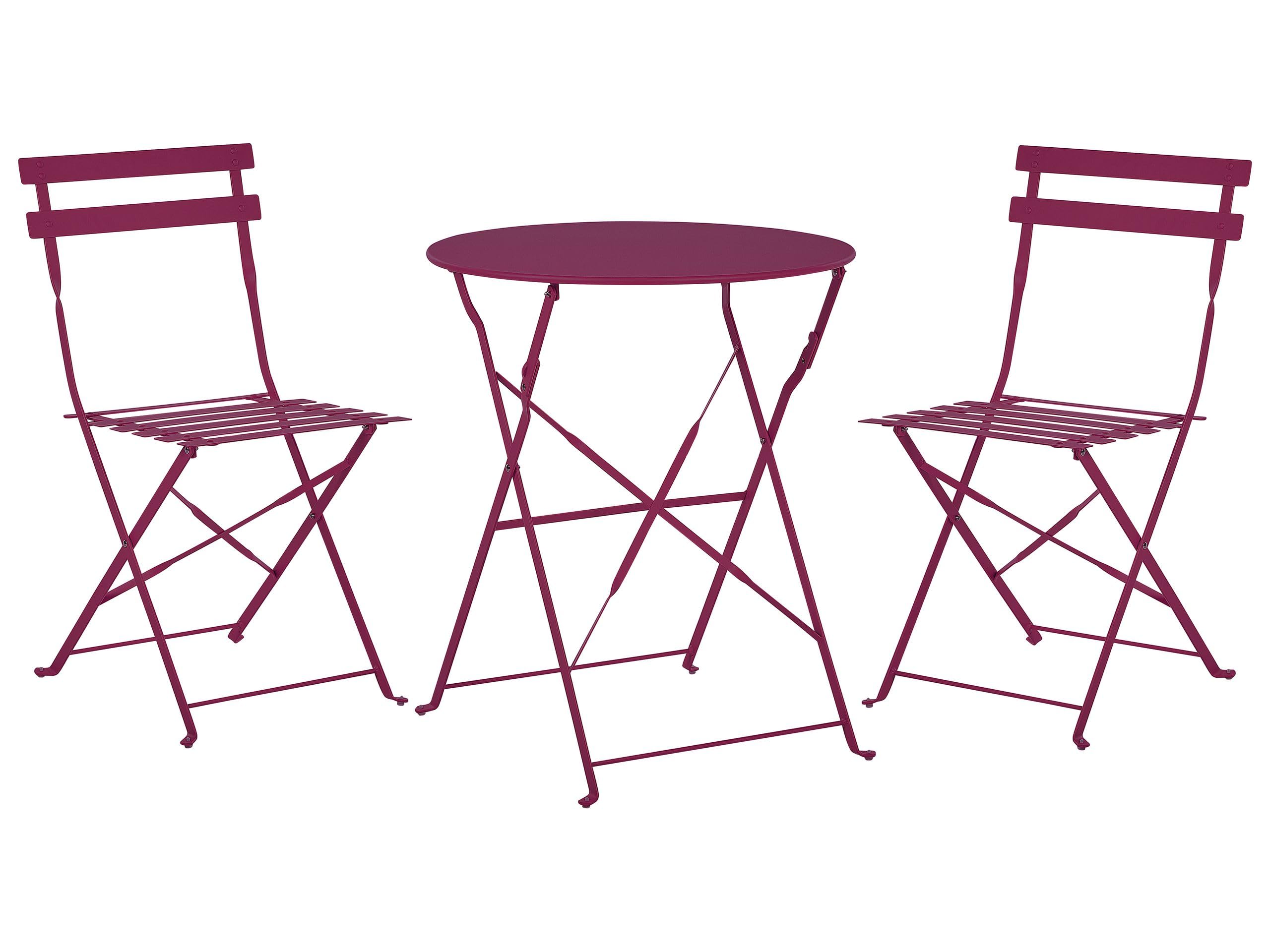 Beliani Outdoor Steel Garden Bistro Set with Round Table Table and Chairs for 2 People Burgundy, FIORI