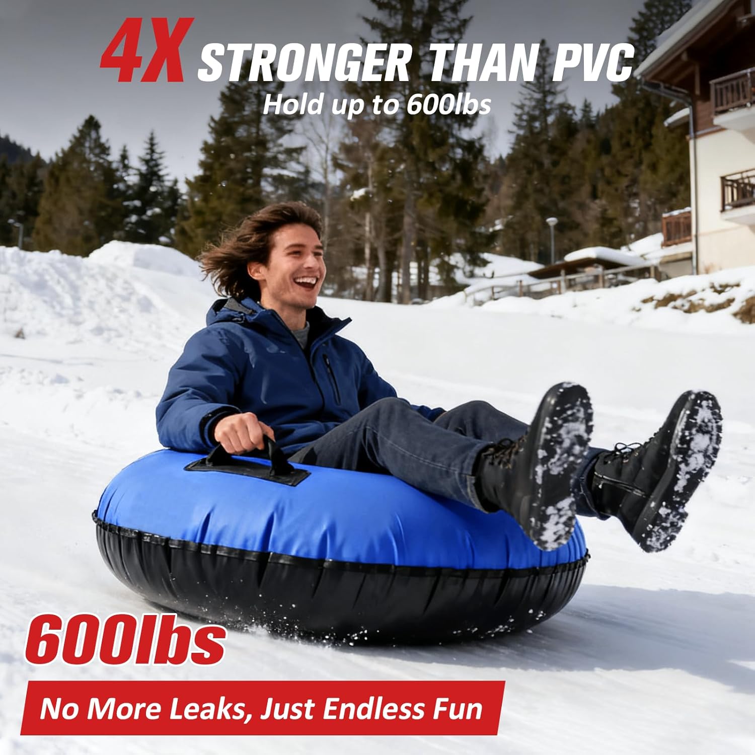 Snow Tube, 45''/48'' Rubber Snow Tubes with Commercial Grade Canvas Cover for Kids & Adults, Inflatable Heavy Duty Snow Sled Thickened Hard Bottom with Tow Strap, Sleds Winter Gifts 45IN Blue Snow Tube