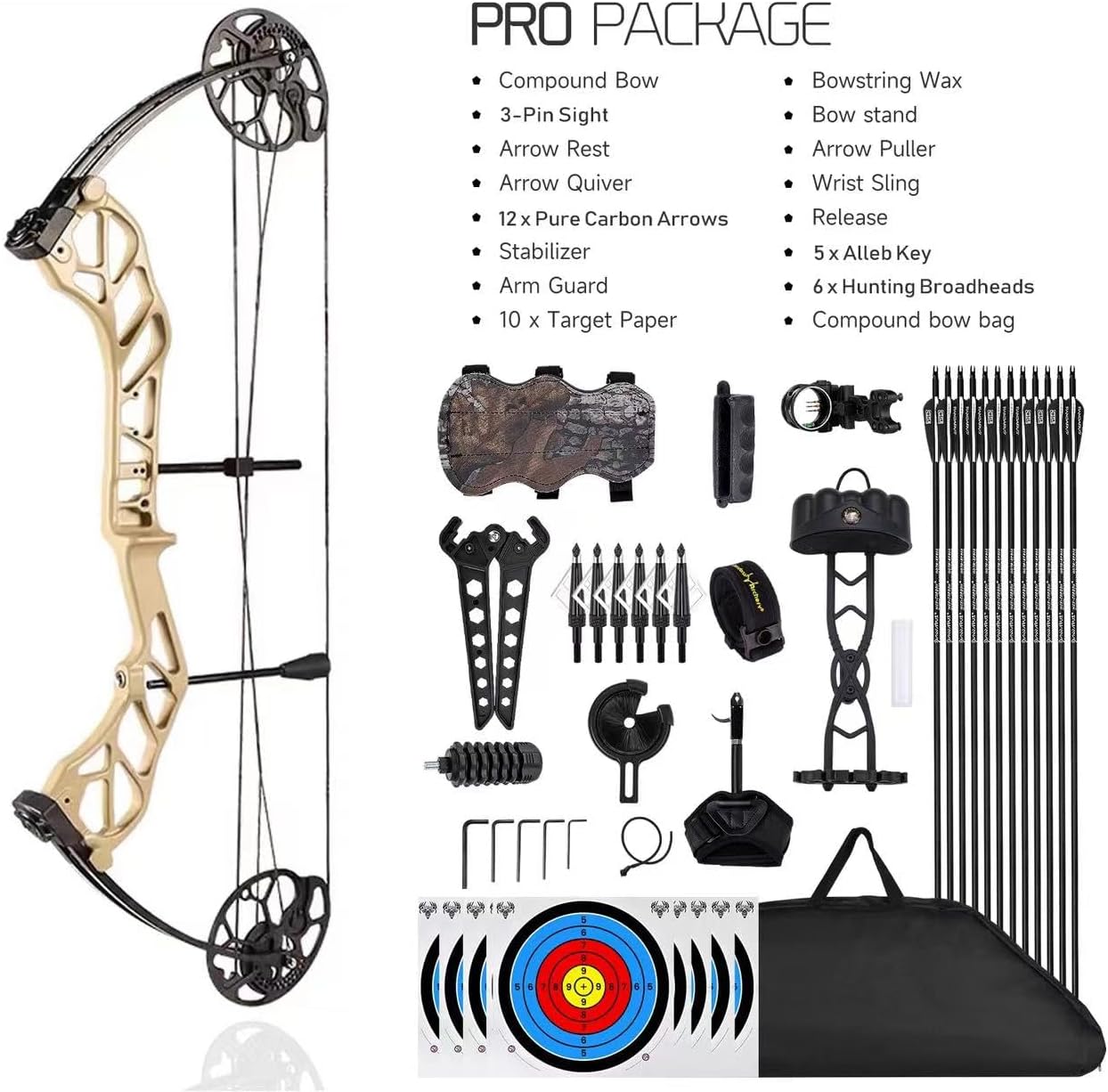 Compound Bow Package for Adults and Teens,19-70 Lbs Draw Weight Adjustable,19"-30" Draw Length,Limbs Made in USA,Archery Bow and Arrow Set,up to 320 fps, Let Off 75%2024 New