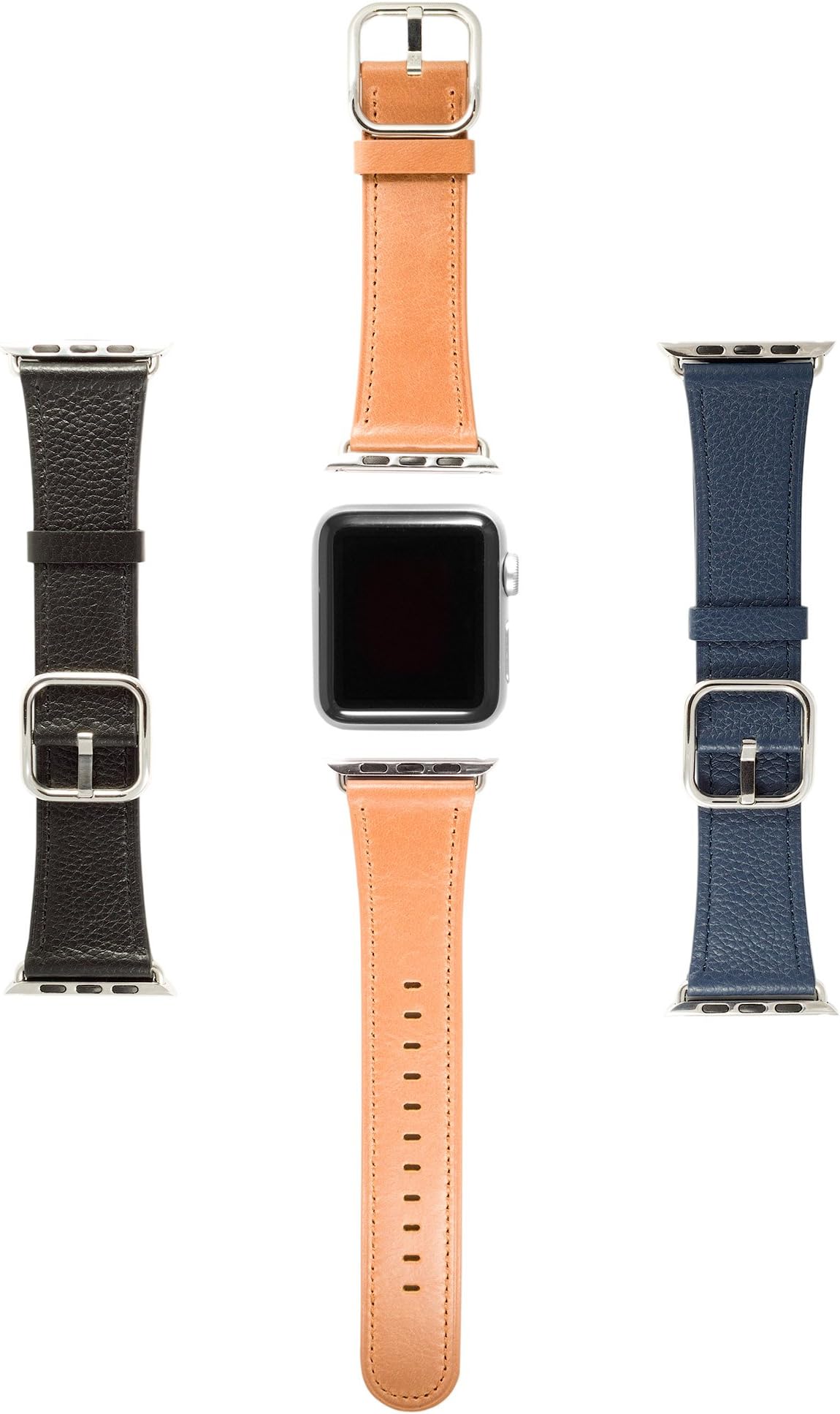 Sol Accessories Set of 3 Genuine Leather Wrist Band Replacement Straps 38mm/42mm with Stainless Steel Buckle Clasp compatible with Apple iWatch Series 1/2/3/4/5 (3 Pack - 42mm, multi)