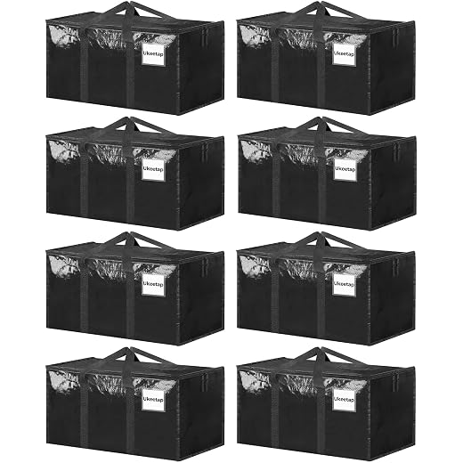 8 Pack Extra Large Heavy Duty Moving Bags, Black Storage Bins with Lids, Reinforced Handles & Heavy-Duty Zippers Moving Boxes Storage Bags Totes for Clothes Packing, Dorms, College Supplies, Black