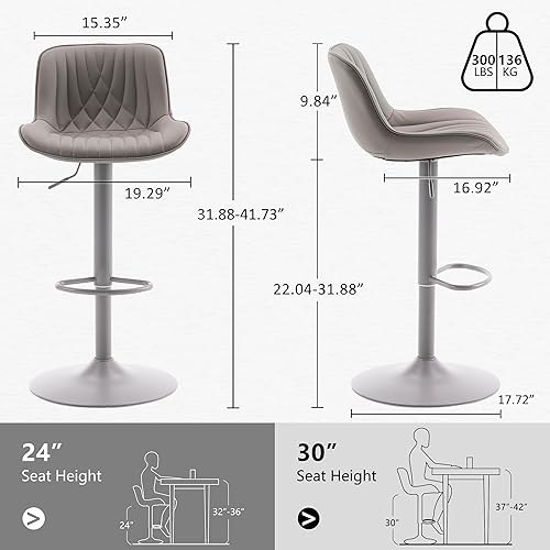 Miniatura 2 de YOUTASTE Juego de 2 taburetes de bar grises modernos tapizados de piel sintética, taburetes de bar ajustables giratorios con respaldo de metal,