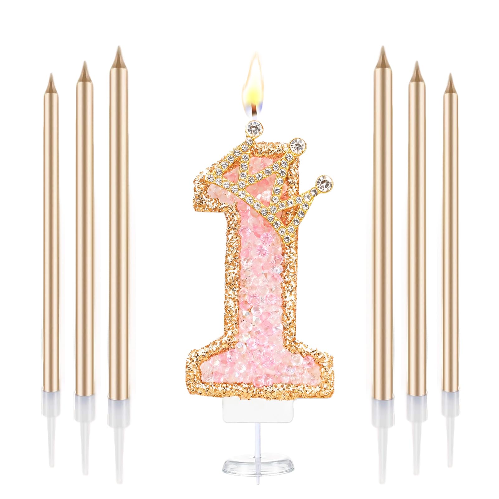 Crown Number Birthday Candles, Glitter Pink Gold Birthday Candle with 6 Pcs Long Candles, Stylish Princess Themed Cake Topper for Girls Birthday Party Supplies (1 Candle)