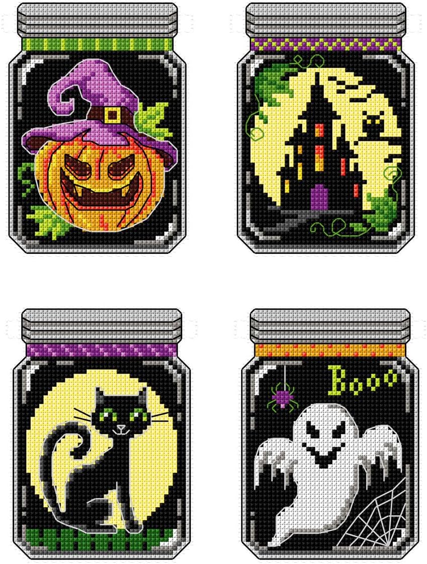 Counted Cross Stitch Kit on Plastic Canvas with Halloween Gothic. 4 Superior Ornaments Different Dimensions 159CS. Plastic Canvas Sheets. Marvelous for Embroidery & Needlecraft Amateurs