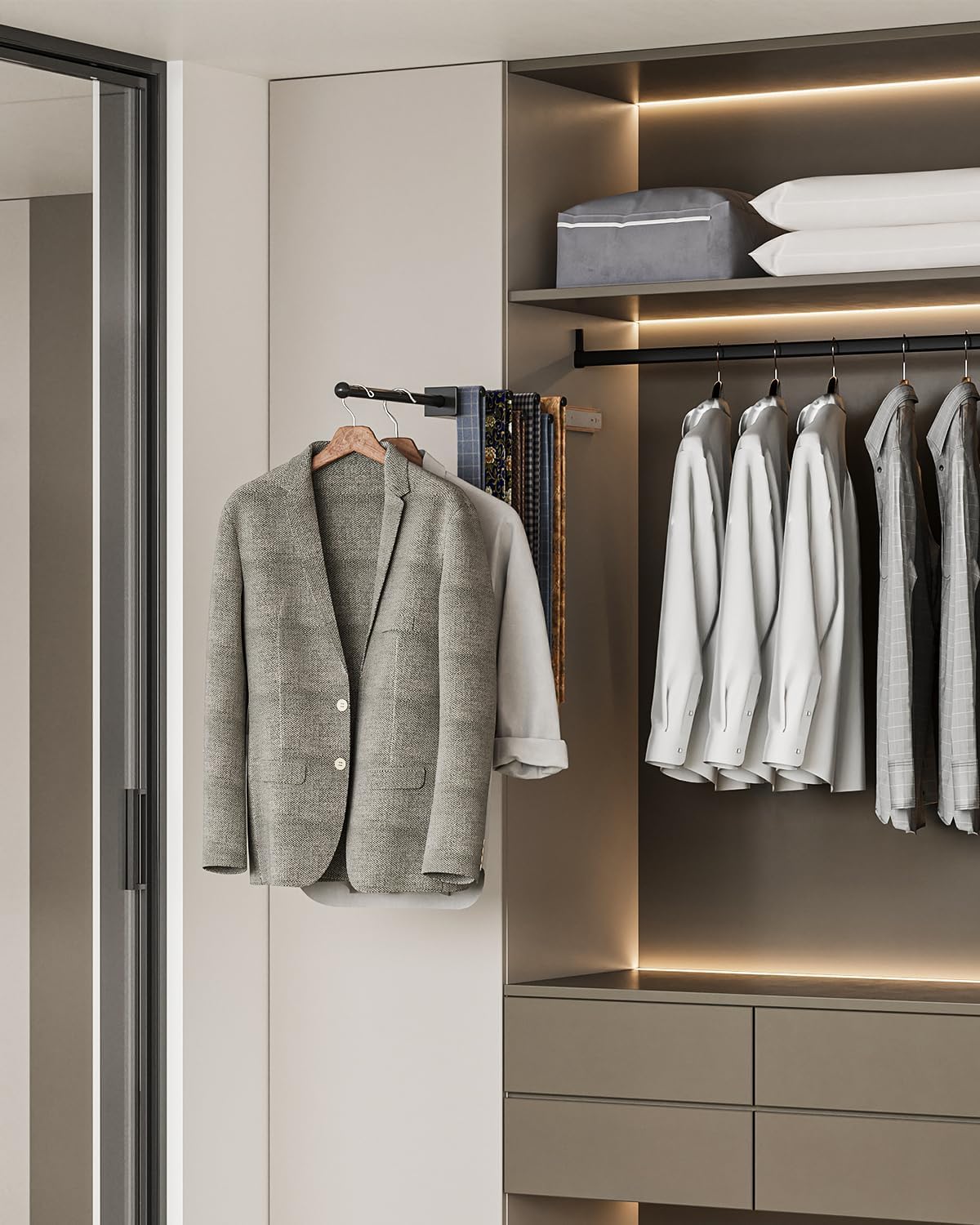 13 inch Valet Rod for Closets Pull Out Closet Valet Rod Slide Out Black Belt Organizer for Closet with 7 Hooks Tie Rack Hanger for Closet