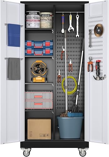 Miniatura 33 de Armarios de almacenamiento de metal con tablero de clavijas de puerta, armarios de almacenamiento de garaje con cerradura con ruedas para garaje