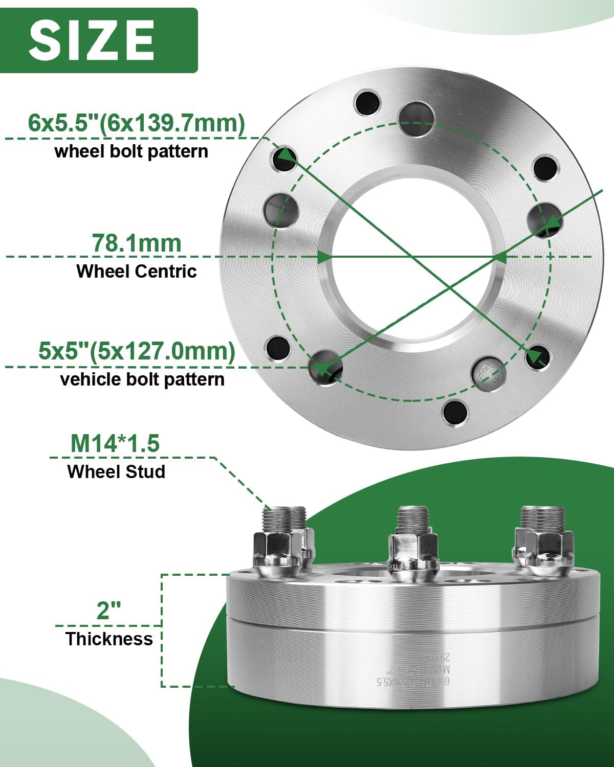 5x5 to 6x5.5 Wheel Adapters, 2 Inch 5x127 to 6x139.7 Wheel Adapters 78.1mm Center Bore with M14x1.5 Studs, Chrome