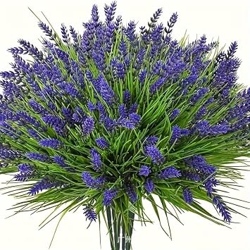 24 Bundles Artificial Plants Outdoor,UV Resistant Fake Flowers,Lavender Artificial Flowers Plastic Fake Faux Flowers Shrubs for Home Porch Garden Yard Window 24Pcs-Lavender
