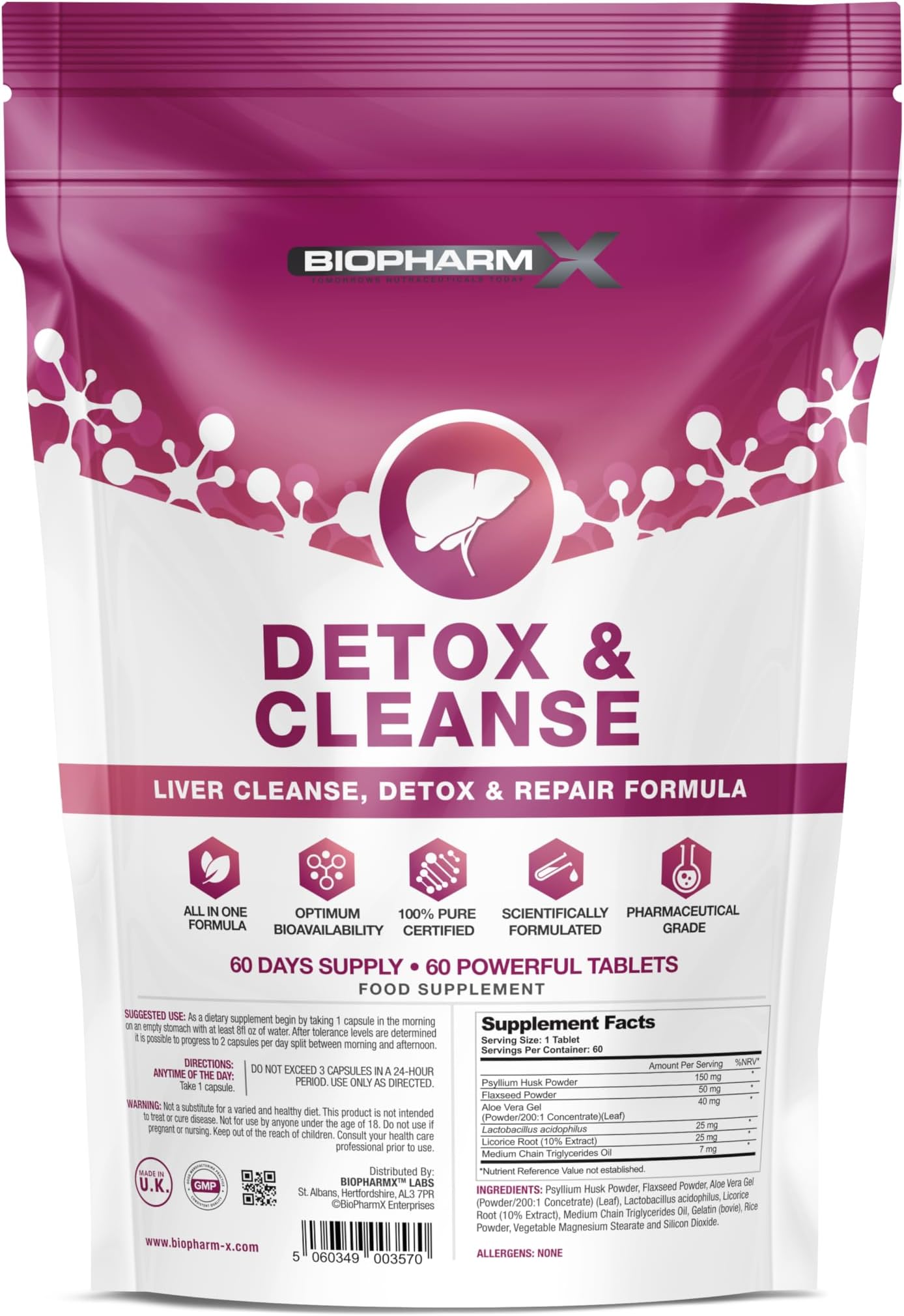 Liver Detox, Cleanse & Repair (60 Tablets) 100% Herbal & Natural Ingredients - Manufactured in The UK by BioPharmX
