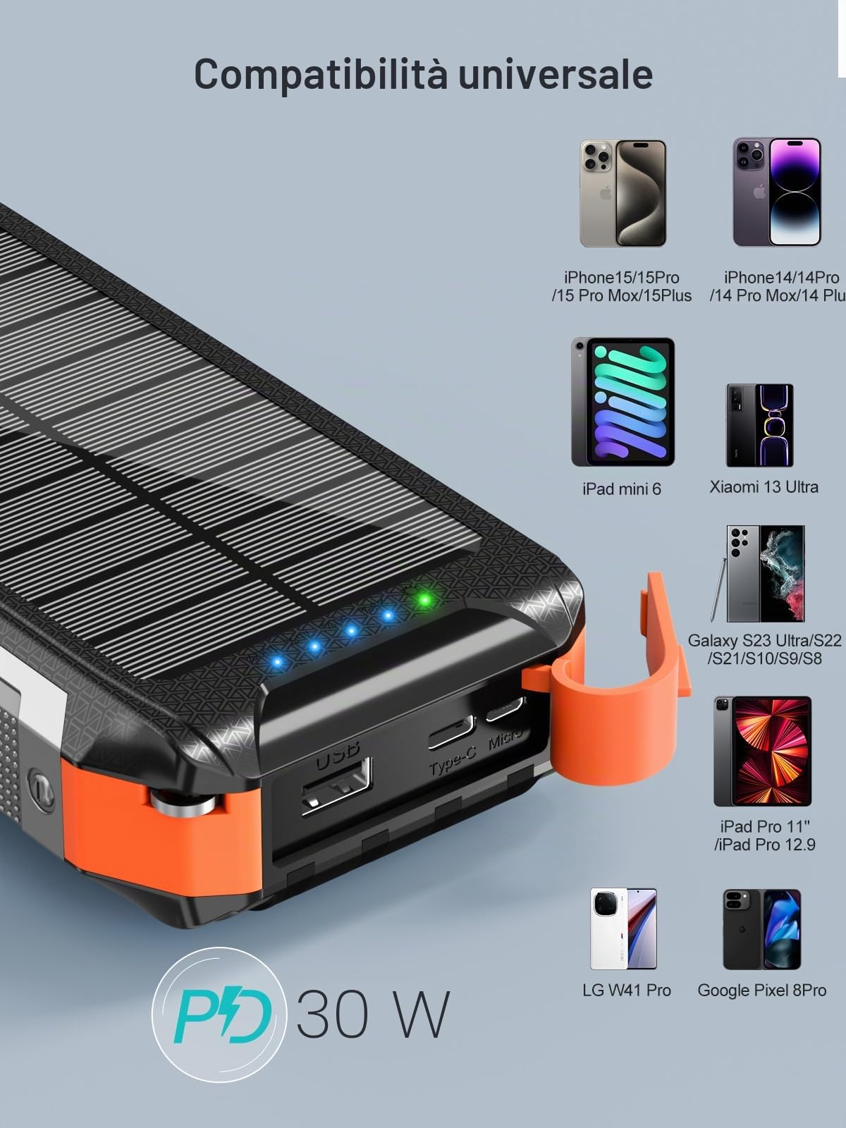 26800mAh Solar Power Bank con 4 cavi, power bank magnetico senza fili | ricarica rapida, 30W, USB C, caricatore portatile 7 uscite, batteria esterna con torcia per attività all'aperto, campeggio