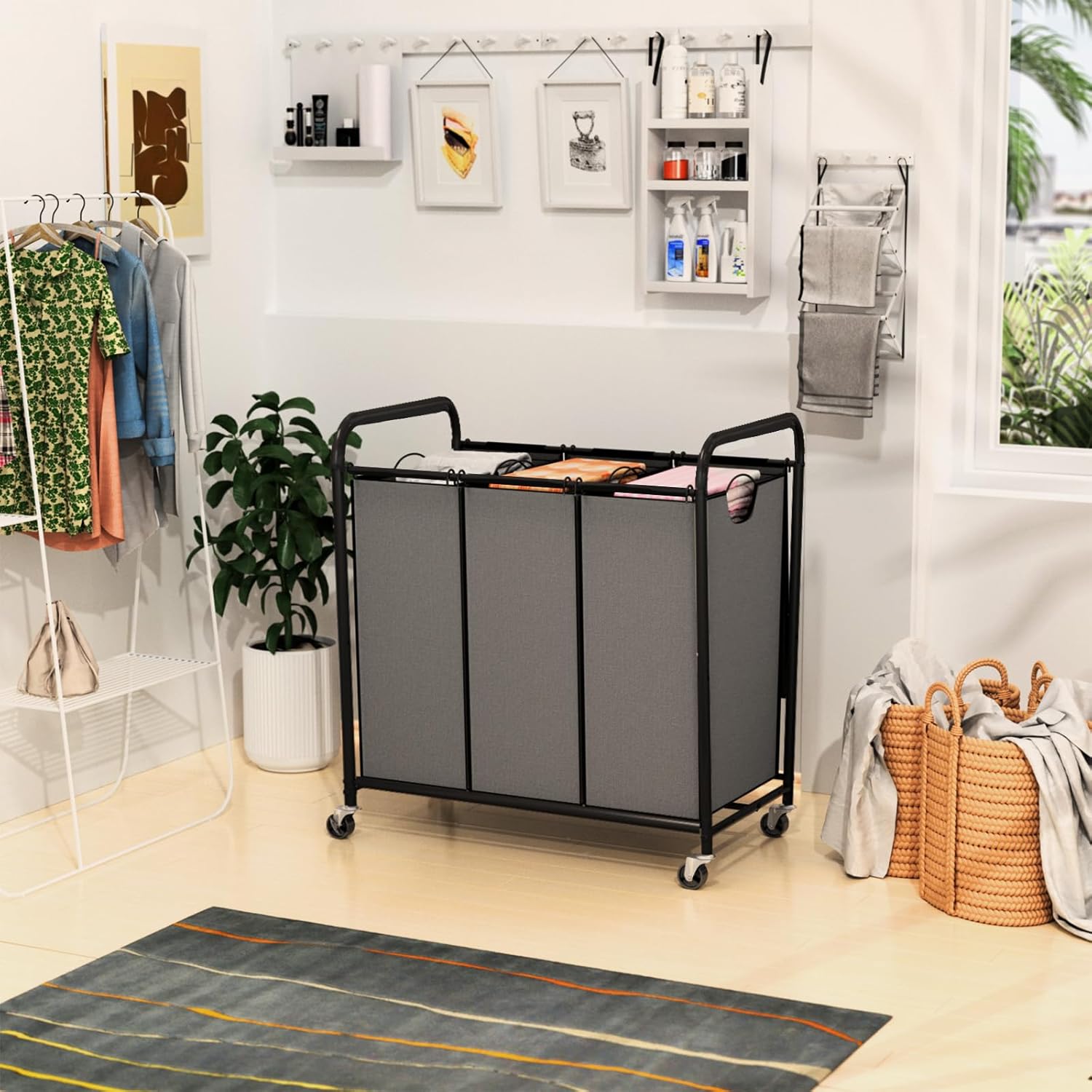 (47.55 Gal) Laundry Sorter 3 Sect, Rolling Laundry Basket with Loable