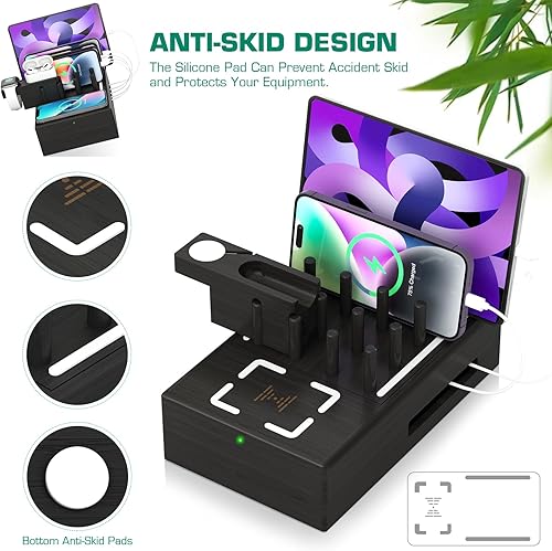 Miniatura 4 de Darfoo - Estación de carga de bambú para múltiples dispositivos, cargador inalámbrico rápido certificado Qi y 7 puertos USB, estación de carga de