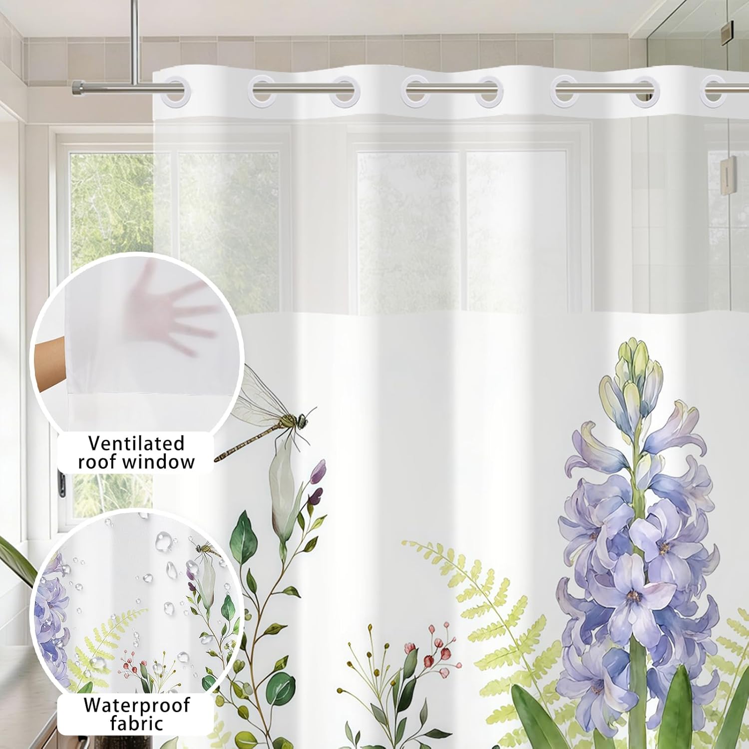 No Hook Plants Shower Curtain and Liner Set 71 x 74 Inch - Purple Hyacinths and Green Leaves Design, Waterproof Fabric Bath Curtain with Mesh Top for Farmhouse Bathroom Decor