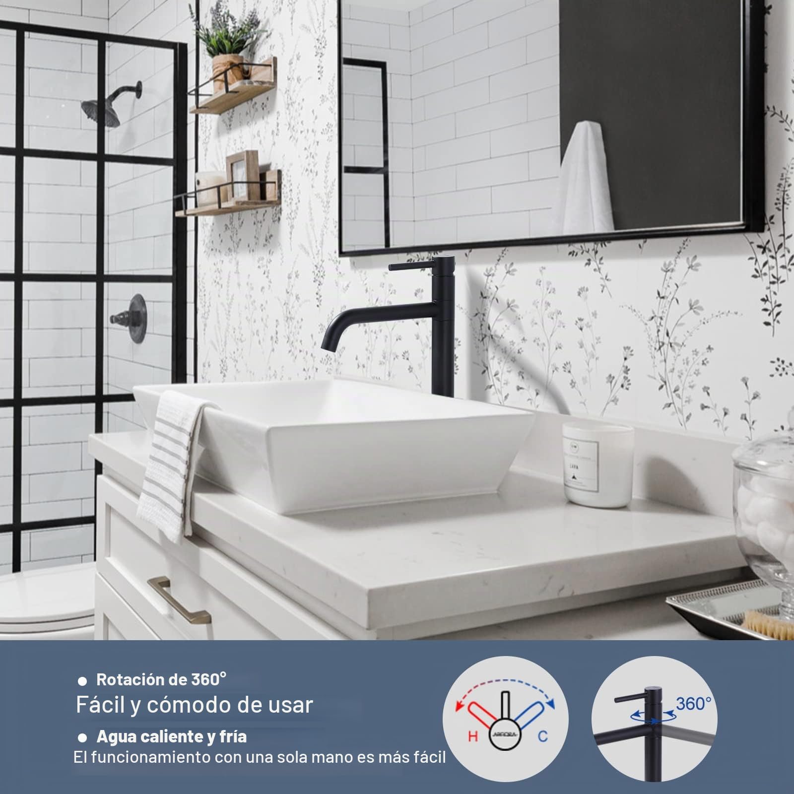 ARCORA Grifo de Lavabo Elevado, Grifo de Baño, con Aireador Extraíble y Cartucho Cerámico, Giro de 360°, Salida de Agua Fría y Caliente Regulable, para Lavabos Elevados de Baño, Negro