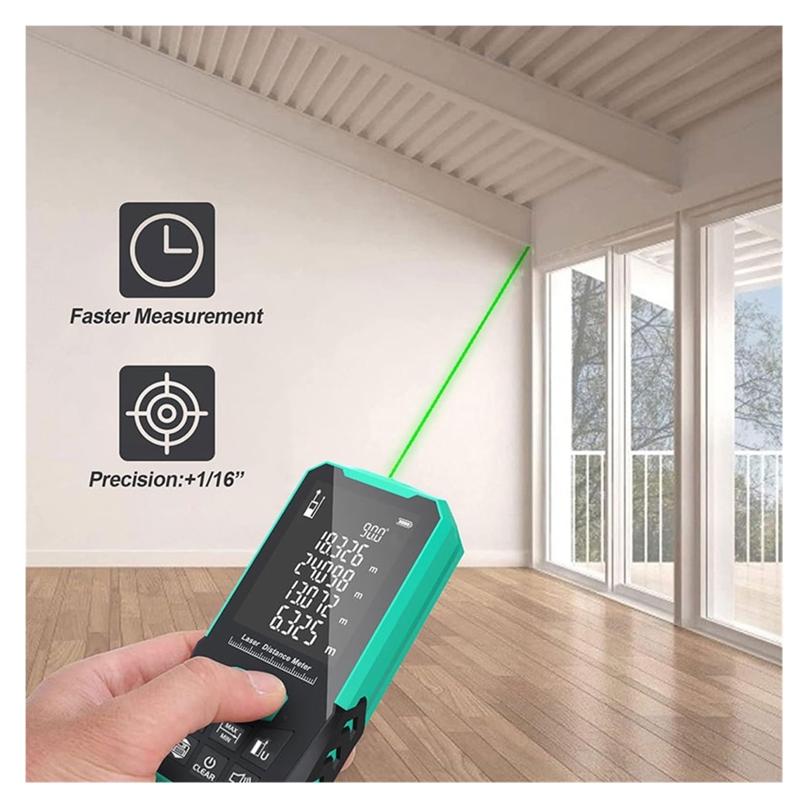Telémetro, fuente de alimentación verde, múltiples modos de medición, batería M/FT/IN, 5 opciones de rango, dispositivo de medición doméstico, medidor de distancia portátil(50m)