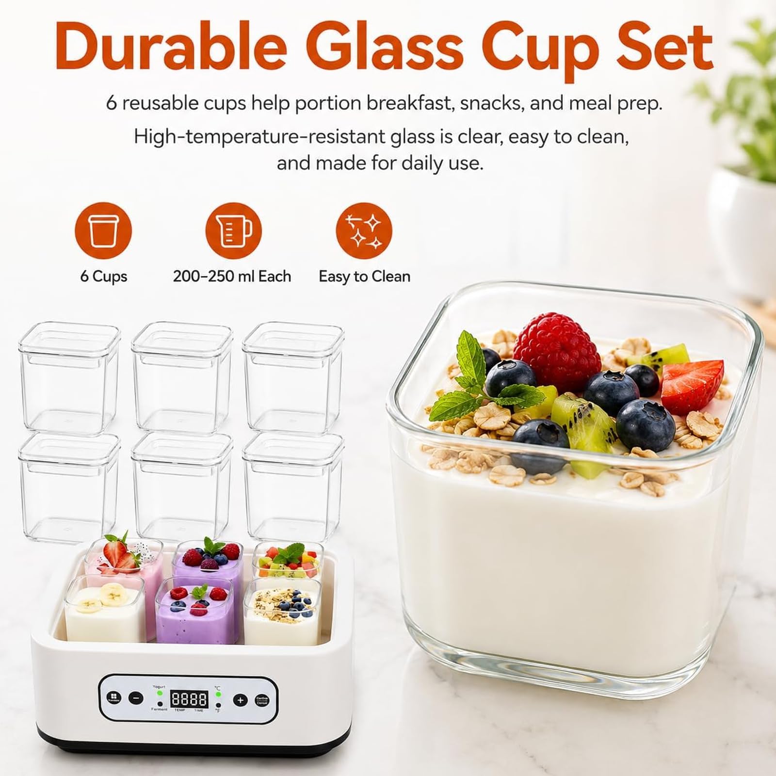 Yaourtière 1000 ml avec 6 pots en verre, machine à yaourt en acier inoxydable avec affichage LED, temps et température réglables sur 36 heures, pour dessert grec fait maison