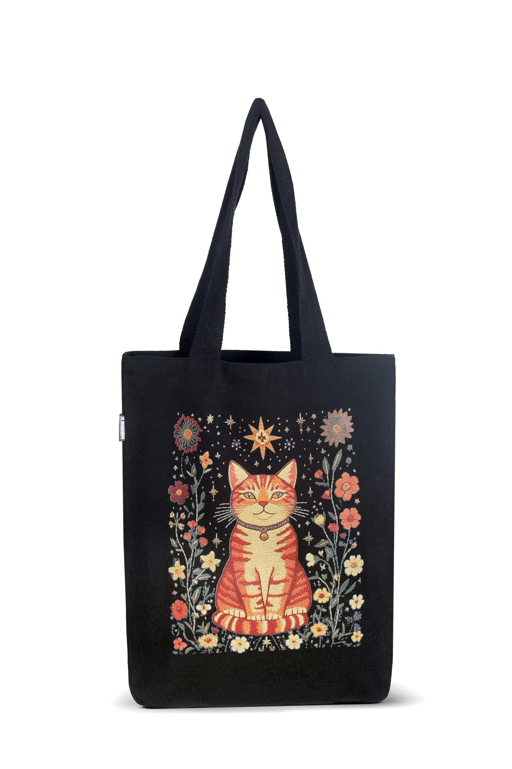 Canvas Cotton Tote Bag With Zipper Boho Cat Design for Women Versatile Shopping Office & Travel
