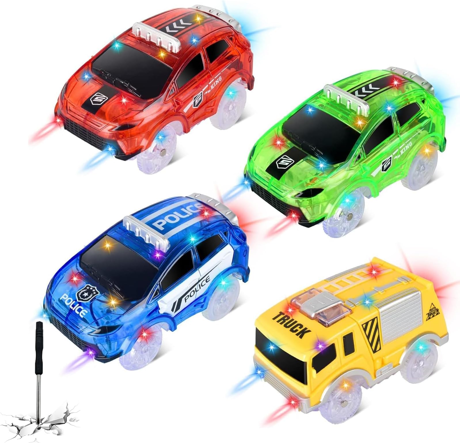 Track Cars Only Replacement Glow in The Dark with 5 Flashing LED Lights, Light Up Tracks Cars, Flex Race Car Compatible with Most Race Tracks for Kids (4pack) with Screwdriver