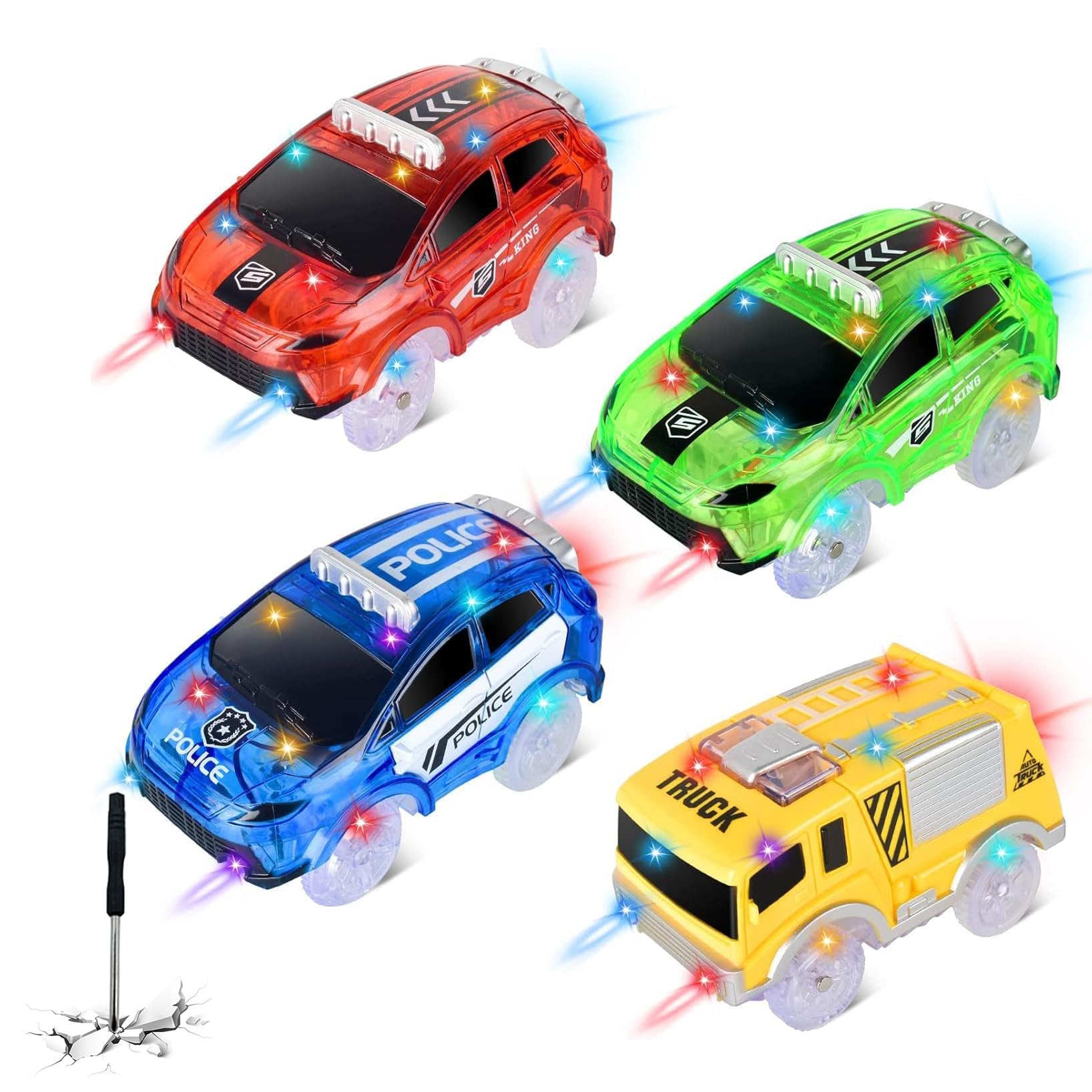 Track Cars Only Replacement Glow in The Dark with 5 Flashing LED Lights, Light Up Tracks Cars, Flex Race Car Compatible with Most Race Tracks for Kids