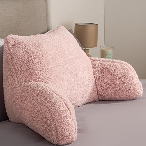 OHS Cuddle Cushion Teddy Pink, Reading Pillows for Bed Super Soft Cosy Pillow with Arms Support Pillows for Sitting up in Bed Teddy Pillow for Adults - Blush Pink - Single - 60 x 100cm