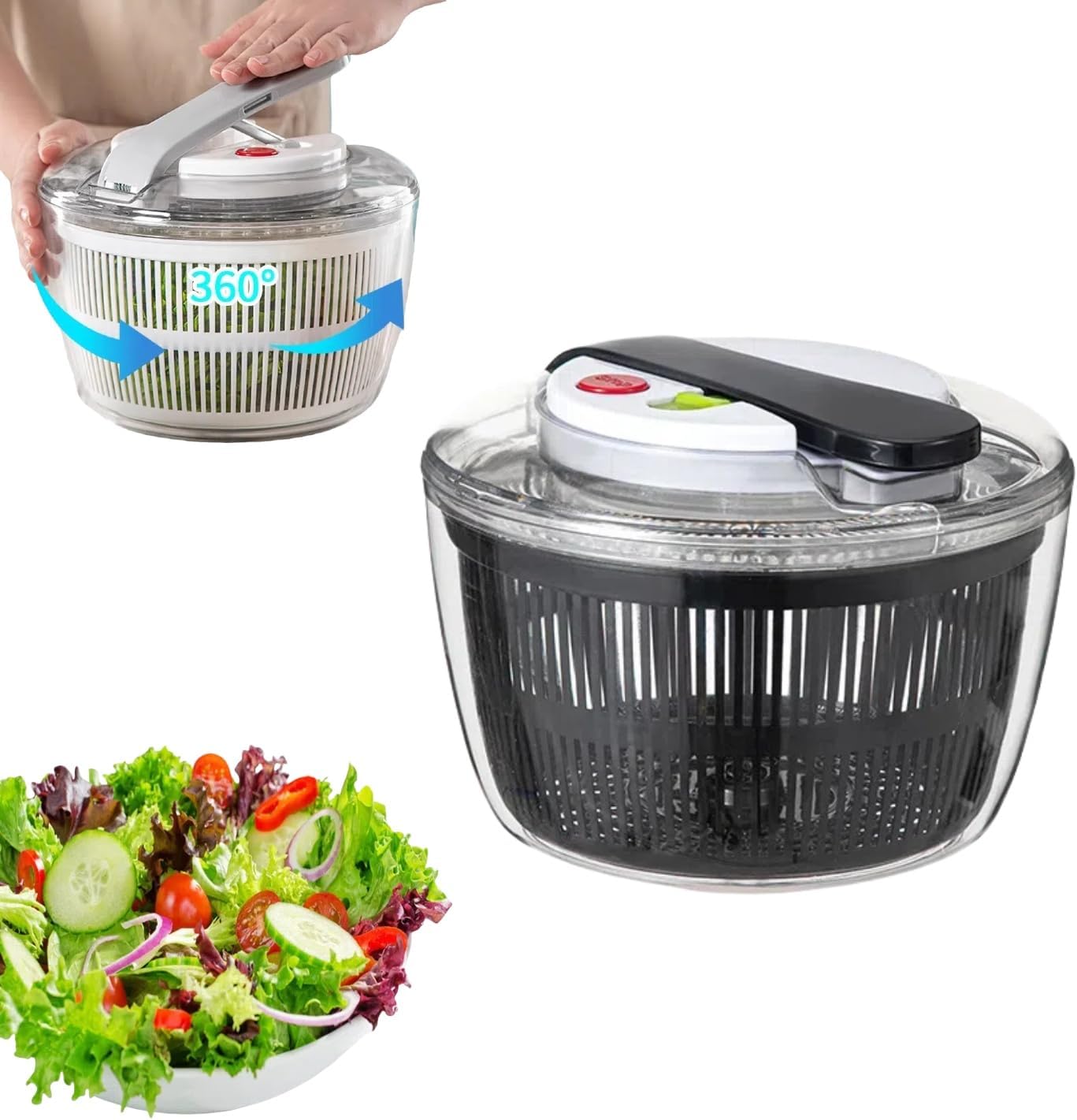 Salad Spinner with Press Lever – 2-in-1 Salad Dryer and Large Capacity Washing Bowl | Food-Grade Detachable Kitchen Tool for Lettuce Herbs and Greens (Large 5 Liters Black)