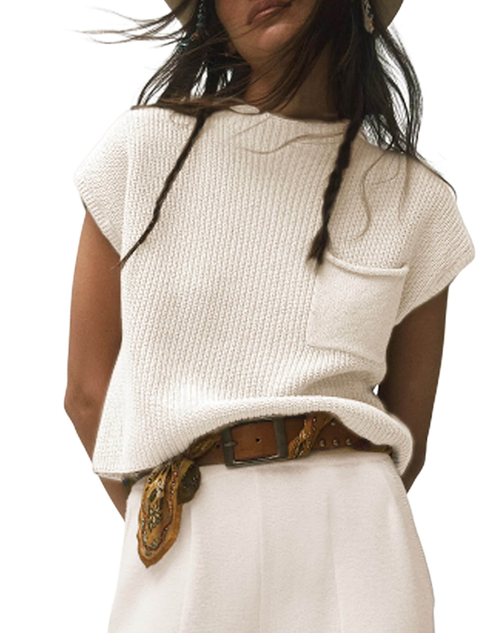 UANEO Sweater Vest Women Mock Neck Casual Cropped Knit Pullover Cap Sleeve Sweater for Women Top Spring