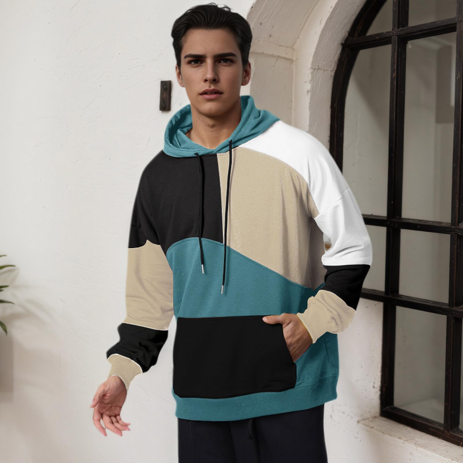 Herren Bunt Hoodie Baumwolle Kapuzenpullover mit Taschen Hoody | Kapuzenpulli Streetwear Casual Farbblock Sweatshirt Urban Pullover Herbst Winter